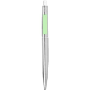 A metal pen with a silver body and a green accent. The pen features a sleek design and has a logo.
