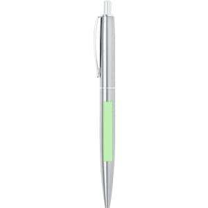 A metal pen in silver with a green grip and a clip. The pen features a branding logo.