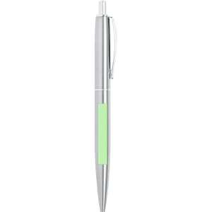 A metal pen featuring a sleek silver design with a green grip and a clip. The pen includes a branding logo.