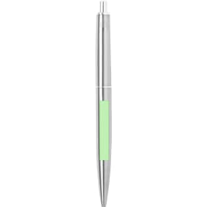 A metal pen with a sleek silver design, featuring a green accent and a branding logo on the barrel.
