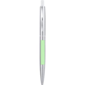 A metal pen with a shiny silver finish and a green grip section, featuring a branding logo.