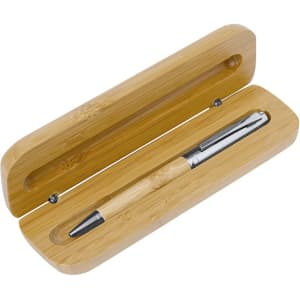 A metal pen with a silver tip, presented in a bamboo case. The case is also made of bamboo.