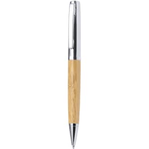 A metal pen with a chrome finish and a bamboo barrel. Features a silver clip and a sleek design.