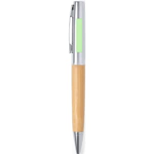 A metal pen with a silver clip and tip, featuring a bamboo barrel and a green accent.