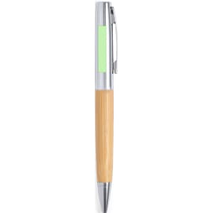 A metal pen with a bamboo barrel and a silver clip, featuring a green section on the barrel. Includes a logo.