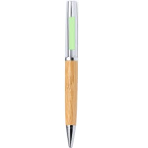 A metal pen with a bamboo barrel and chrome accents, featuring a logo on the barrel.