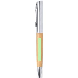 A metal pen with a bamboo body and a chrome top, featuring a bright green accent and a logo.