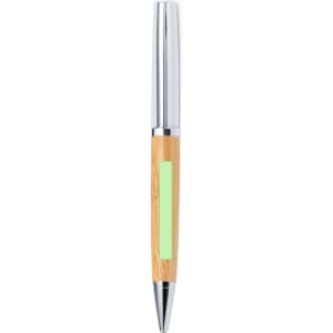 A metal pen with a chrome finish and a wooden body, featuring a light green section.