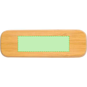 A bamboo pen with a smooth surface and a sewn green patch for branding or design.