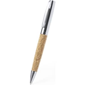 A metal pen with a cork barrel and a shiny silver clip, featuring a logo on the barrel.