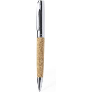 A metal pen featuring a chrome clip and a natural cork barrel. It has a sleek, modern design.