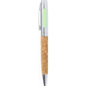 A metal pen with a silver clip and a natural cork barrel, featuring a green accent, alongside a logo.