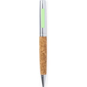 A metal pen with a silver clip and tip, featuring a cork body and a green accent.