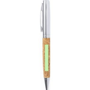 A metal pen with a silver tip and clip, featuring a cork body and a green accent strip.