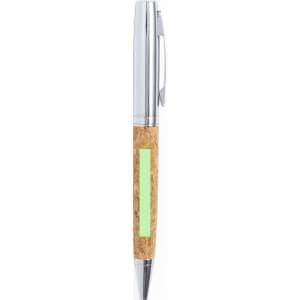 A metal pen with a silver clip and a cork body, featuring a green section for branding.