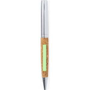 A metal pen featuring a cork body with chrome accents, complemented by a green detailing. It has a simple logo.