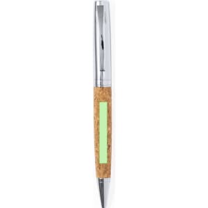 A metal pen featuring a cork barrel and a chrome tip with a branding logo.
