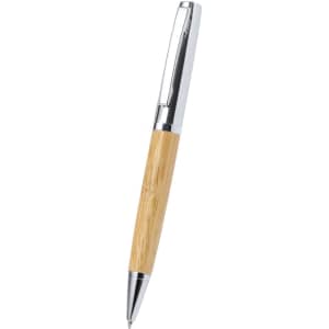 A pen with a bamboo barrel and silver accents. The pen has a smooth design and a sleek finish.