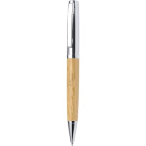 A ballpoint pen with a bamboo barrel and chrome accents. The pen features a sleek, modern design.
