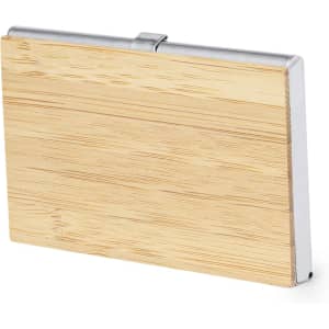 A wooden and silver card holder with a sleek design, featuring a metal clasp and a natural wood finish.