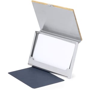 A metal cardholder with a wooden lid, displaying an open compartment for cards. Includes a dark blue backing.