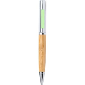 A bamboo pen with a silver clip, featuring a green highlight and a shiny chrome tip.
