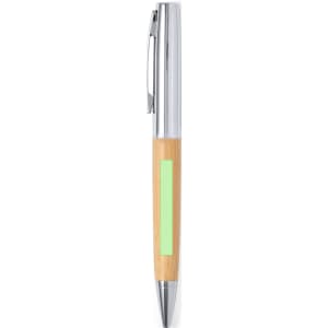 A metal pen with a bamboo barrel and a green accent. Features a clip and a shiny finish.