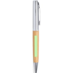 A pen with a bamboo body and chrome accents, featuring a green section. Includes a clip for attaching to notebooks.