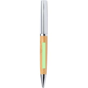 A pen featuring a bamboo barrel and chrome accents, with a green highlight and a logo on the side.