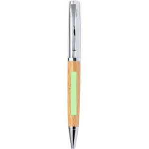 A wooden pen with a shiny chrome clip and a light green panel for branding or personalisation.