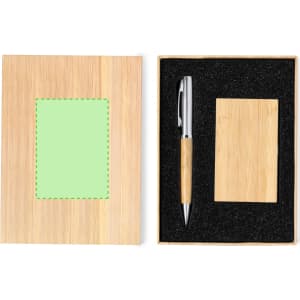 A bamboo stationery set featuring a pen, a notepad, and a card holder inside a black foam insert.