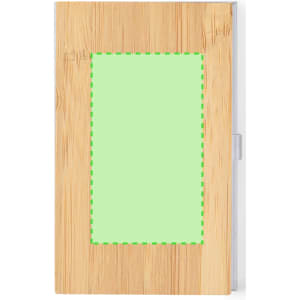 A bamboo-style notebook with a green panel and a transparent cover. It features a logo on the front.