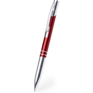A metal pen in vibrant red with silver accents, featuring a sleek design and a clip.