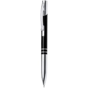 A metal pen in black with silver accents, featuring a clip and a shiny finish. It has a branding logo.