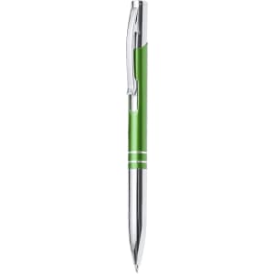 A green metal pen with chrome accents and a sleek, modern design, featuring a branding logo.