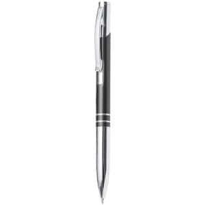 A metal pen with a sleek black barrel and chrome accents, featuring a clip and a brand logo.