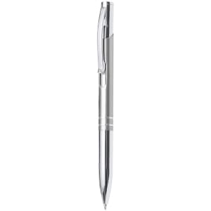 A silver metal pen with a shiny finish and a clip, featuring a logo on its body.