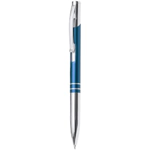 A metal pen in blue and silver with a sleek design and clip for easy attachment. It features a logo on the body.