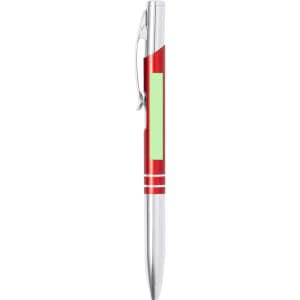 A metal pen in red with silver accents and a logo, featuring a green area for customisation.