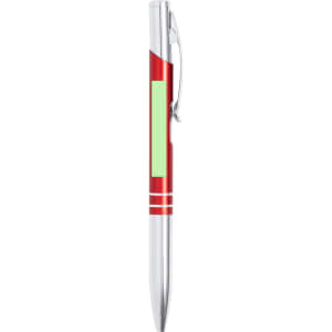 A red metal pen with a shiny silver clip and subtle detailing. It features a space for branding.