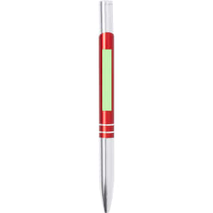A red metal pen with silver accents and a green section. The pen features a logo on its body.