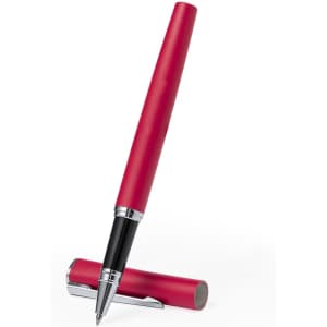 A red metal pen with a sleek design, featuring chrome accents and a removable cap.