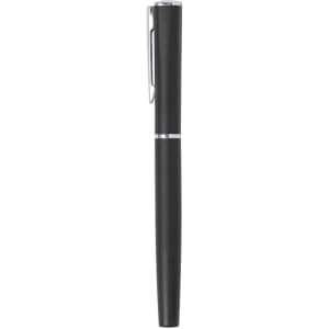 A metal pen in matte black with a silver accent and a clip, featuring a sleek, modern design.