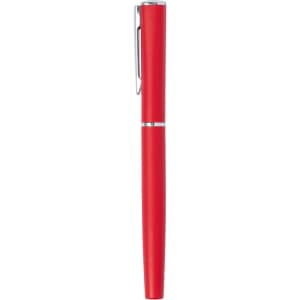 A red metal pen features a sleek design and a silver clip, suitable for writing purposes.