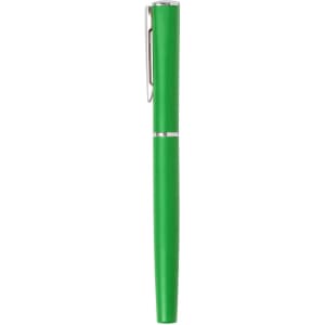 A green metal pen with a sleek design and a silver clip, featuring a logo.