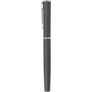A sleek black metal pen with a silver clip, featuring a minimalist design and a polished finish.