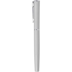A grey metal pen with a sleek design and a clip, featuring a branding logo on the body.