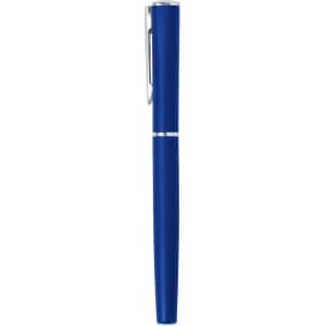 A blue metal pen with a silver clip and accents, featuring a sleek design and branding logo.