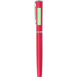 A red metal pen with a clip and a section for branding. The pen has a sleek, modern design.