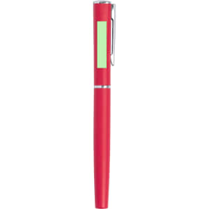 A red metal pen with a clip and a green accent. It features a sleek and modern design.
